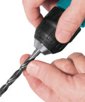 Hands using Powerful 4.9 Amp 3/8 Inch Drill With Variable Speed 0-2500 RPM Keyless Chuck Large Trigger Teal Finish Quiet Operation