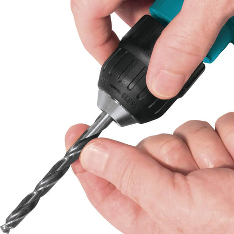 Hands using Powerful 4.9 Amp 3/8 Inch Drill With Variable Speed 0-2500 RPM Keyless Chuck Large Trigger Teal Finish Quiet Operation