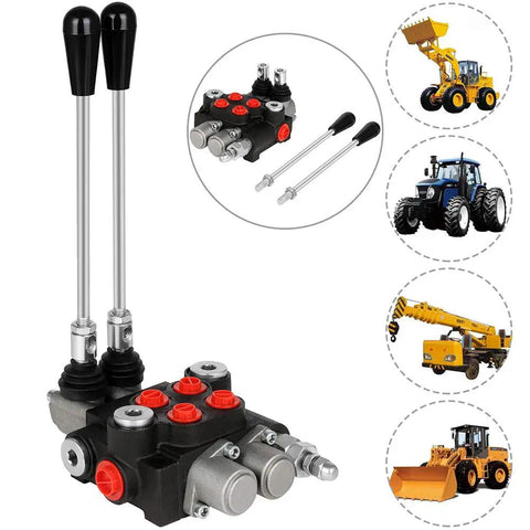 Dual Spool Hydraulic Flow Control Valve For Small Tractors And Loaders, 21 GPM At 3600 PSI, G Ports, Adjustable Relief, Lever Handle