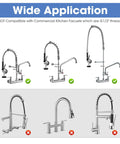 Wide application showing compatible and incompatible faucets for Built Tough Commercial Kitchen Pre Rinse Sprayer 2 Pack Heavy Duty 1.42 Gpm.