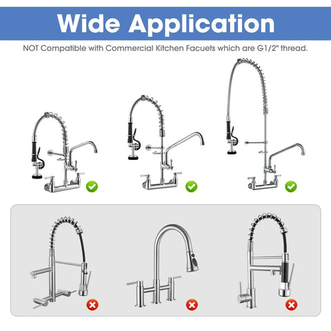 Wide application showing compatible and incompatible faucets for Built Tough Commercial Kitchen Pre Rinse Sprayer 2 Pack Heavy Duty 1.42 Gpm.