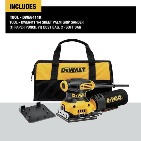 Grab And Go Palm Sander 1/4 Sheet, 14,000 OPM, 2.3 Amp Electric Sander with accessories and soft bag displayed