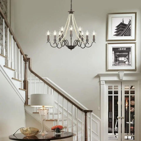 9 Light French Country Rustic Farmhouse Candle Chandelier With Wood Beads Bronze Finish Kitchen Island Lighting for Entryway