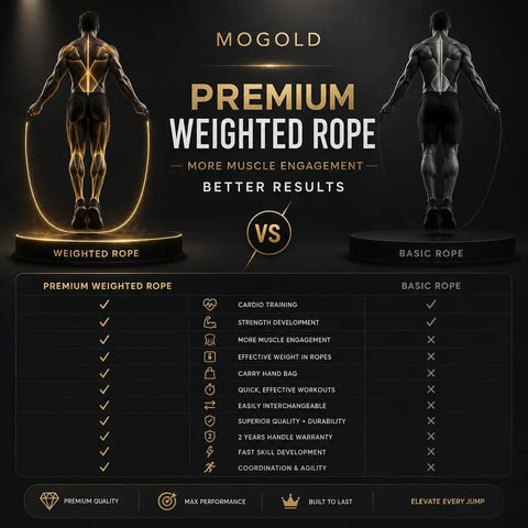 Comparison of Weighted Jump Rope for HIIT and MMA Training with Carbon Fiber Handle vs Basic Rope in a chart.