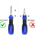 Heavy Duty 13 In 1 Adjustable Screwdriver Set With Premium Torx Phillips Hex Bits showing extension and ratcheting functions.