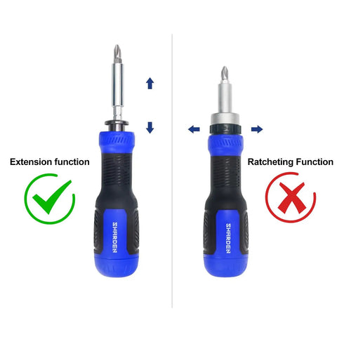 Heavy Duty 13 In 1 Adjustable Screwdriver Set With Premium Torx Phillips Hex Bits showing extension and ratcheting functions.
