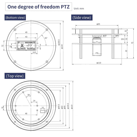 Yahboom 2-DOF metal servo pan-tilt kit: top, bottom, and side views with mounting holes