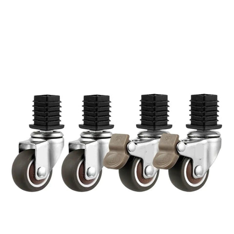 Four Piece Lot Ball Bearing Stem Casters With One Point Five Inches Wheels Rock Solid Stainless Build with rubber tires and locking mechanism.