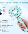 Multifunction handheld mini fan with turquoise design, 2000mA battery, usable as power bank, shown in four color options.