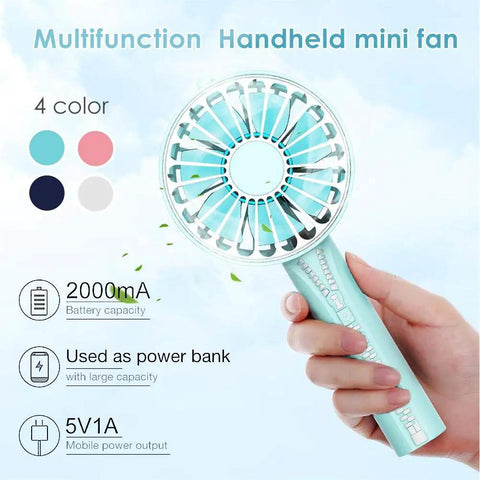 Multifunction handheld mini fan with turquoise design, 2000mA battery, usable as power bank, shown in four color options.