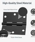 Six Pack Three And A Half Inch Matte Black Door Hinges Featuring Square Corners Removable Pins And Full Screw Kit For Smooth Bedroom Bathroom Cabinet Swings That Are Built Solid As Nails, highlighting high-quality steel material.