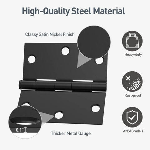 Six Pack Three And A Half Inch Matte Black Door Hinges Featuring Square Corners Removable Pins And Full Screw Kit For Smooth Bedroom Bathroom Cabinet Swings That Are Built Solid As Nails, highlighting high-quality steel material.