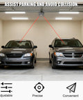 Heavy Duty Dual Laser Parking Sensor For All Vehicles Featuring 360 Degree Rotation And Motion Activated Auto Stop Light That Keeps Your Ride Safe From Bad Scrapes, installed above two parked cars in a garage.