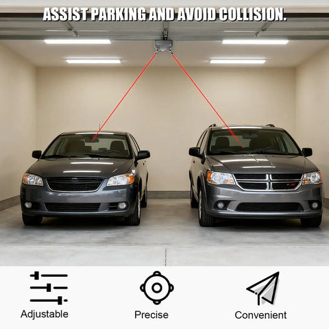 Heavy Duty Dual Laser Parking Sensor For All Vehicles Featuring 360 Degree Rotation And Motion Activated Auto Stop Light That Keeps Your Ride Safe From Bad Scrapes, installed above two parked cars in a garage.