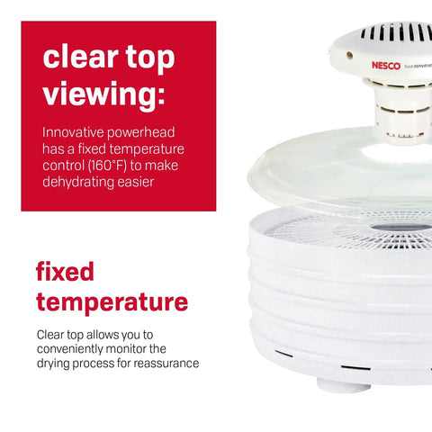 Clear top view of Snag This Badass Hella Reliable Four Tray Food Dehydrator For Herbs Fruit And Beef Jerky With Even Heat Distribution And Clear Top Viewing In Speckled White.