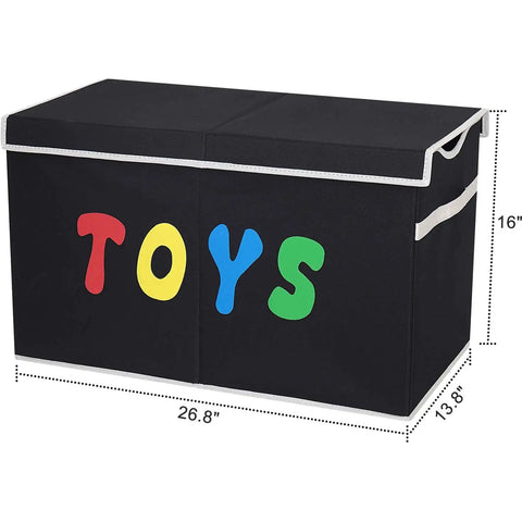Extra Large Collapsible Toy Box Chest With Lids For Kids Storage in black, 26.8x13.8x16 in, front view with colorful 'TOYS' text.
