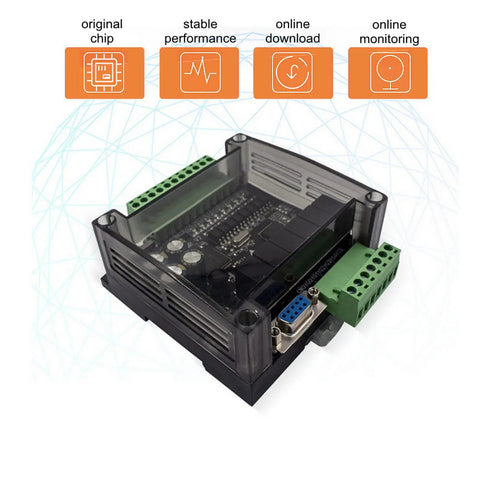Front view of Industrial PLC Controller 24V DC with 8 inputs and 6 outputs, fast 32-bit MCU, ideal for plug-and-play online monitoring.