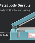 Top Shelf 12 Inch Manual Pulse Sealer Heavy Duty All Steel Gear For Plastic And Shrink Bags Adjustable Temperature Dial Built Like A Tank Comes With On The Fly Repair Kit In Blue showing detailed metal construction.