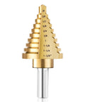 Front view of Titanium Coated HSS Step Drill Bit Set With Ten Sizes From One Quarter Inch To One And Three Eighths Inch Self Centering 118 Degree Split Point Dual Flute Unibit For Drilling Metal And Plastic Sheets.