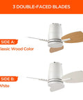 30 Inch Ceiling Fan With Lights Remote Control Quiet DC Motor Flush Mount For Bedroom And Kids Room White And Wood Grain Finish Dual Sided Blades Keeps It Cool In Small Rooms Perfect For Flat Ceilings showing dual-sided blades, wood and white finishes