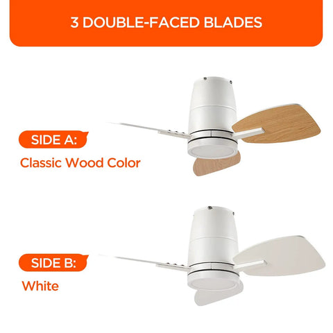 30 Inch Ceiling Fan With Lights Remote Control Quiet DC Motor Flush Mount For Bedroom And Kids Room White And Wood Grain Finish Dual Sided Blades Keeps It Cool In Small Rooms Perfect For Flat Ceilings showing dual-sided blades, wood and white finishes