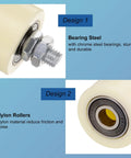 Close-up of 4 Pack Adjustable Nylon Gate Rollers For Sliding Gates On Angle Steel Rails and Round Rails, beige with steel bearings.