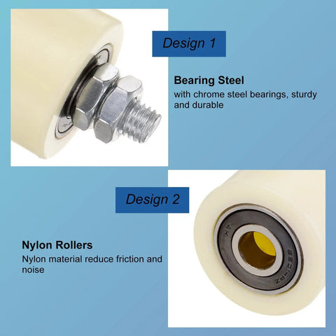 Close-up of 4 Pack Adjustable Nylon Gate Rollers For Sliding Gates On Angle Steel Rails and Round Rails, beige with steel bearings.
