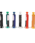 Six 10cc syringes of UV Cure Solder Mask Ink For PCB Protection in various colors for BGA PCBs and short circuit prevention.