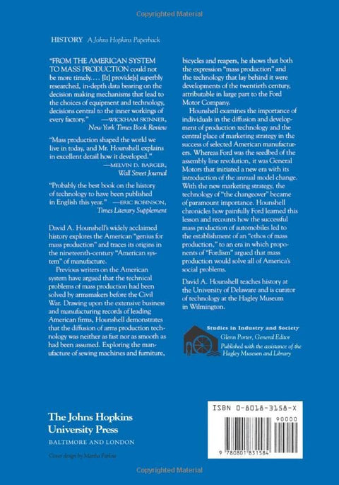 Back cover of blue book: From the American System to Mass Production, 1800–1932; Studies in Industry and Society, 4; barcode.