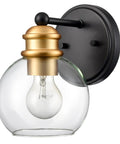 Modern Farmhouse Black And Gold Bathroom Wall Sconce with Wrought Iron Frame and Handcrafted Glass Globe