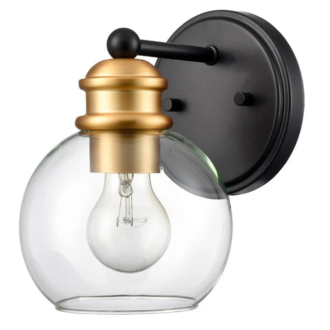 Modern Farmhouse Black And Gold Bathroom Wall Sconce with Wrought Iron Frame and Handcrafted Glass Globe
