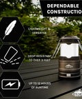 Pop Up IPX4 Water Resistant LED Lantern With 360 Degree Bright Light Four Modes Easy Fold Out Handle Rugged Grab And Go Camping Lanterns For Emergencies And Outdoor Adventures Pack Of 3 shown with feather, drop-resistant, and runtime icons