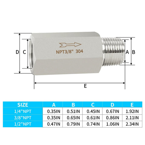 Side view of ChillWaves 304 stainless inline siamese check valve, 3/8 in NPT male to 3/8 in NPT female