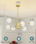 Sputnik Chandelier In Gold Finish, 6 Light Built-In Dimmable LED Spotlight, shown in living room setting with dimensions