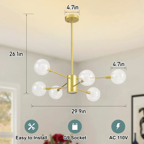 Sputnik Chandelier In Gold Finish, 6 Light Built-In Dimmable LED Spotlight, shown in living room setting with dimensions