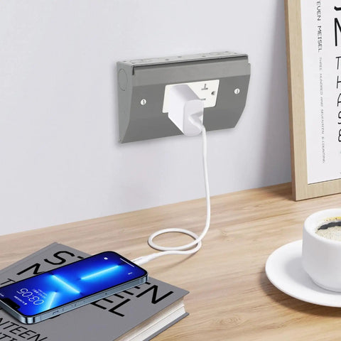 Under Cabinet Hidden Outlet Box With Slim Stainless Steel Build And Powder Coat Finish in kitchen setup