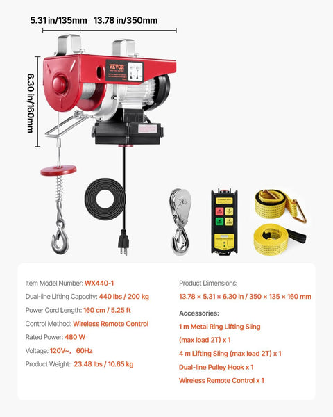 VEVOR red electric hoist with wireless remote control, 440 lb capacity, 110V, includes remote, lifting slings and hooks