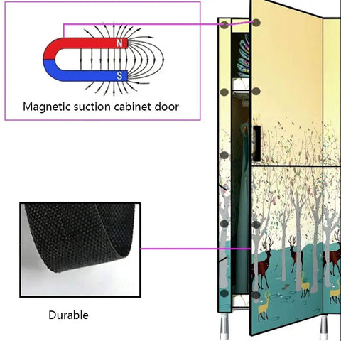 Built Tough Portable Wardrobe With Magnetic Snap Doors And Reinforced Steel Frame showing magnetic suction cabinet door and durable fabric.