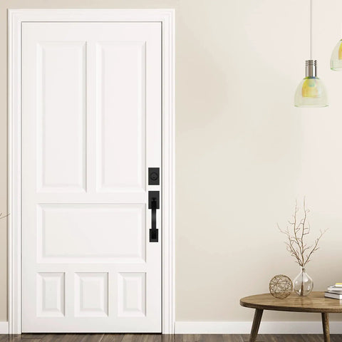 Black Front Door Lock Set With Deadbolt And Reversible Handle on white door, heavy duty zinc alloy, durable black finish.