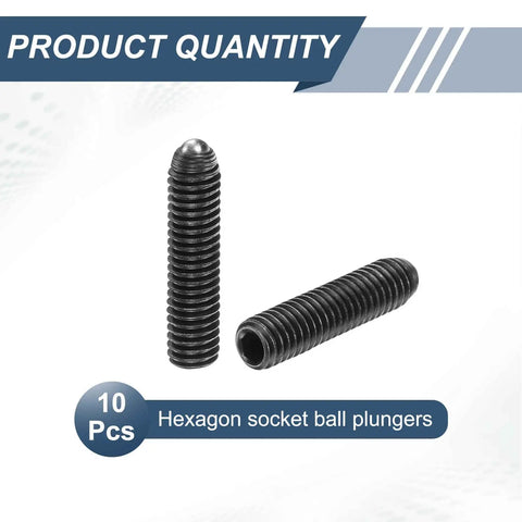 Heavy Duty Hex Socket Ball Plungers M6 X 25mm Thread 10 Pack High Carbon Steel Spring Loaded Assembly displayed with two pieces