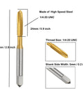 Quarter Inch Twenty UNC Spiral Point Threading Taps Set Of Ten Pro Grade High Speed Steel Titanium Coated Tapping Bits image with dimensions