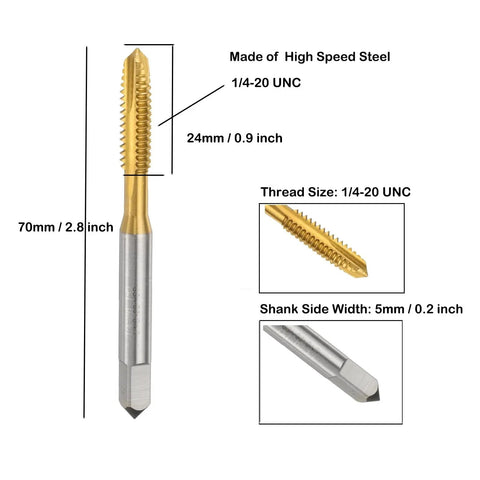 Quarter Inch Twenty UNC Spiral Point Threading Taps Set Of Ten Pro Grade High Speed Steel Titanium Coated Tapping Bits image with dimensions