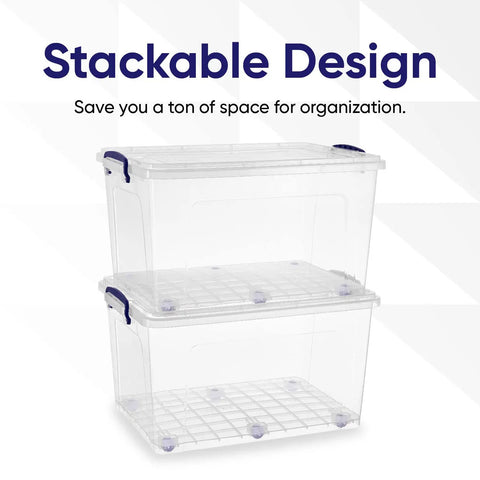 Jumbo Clear Stackable Storage Bins With Lids, 44 Quart Rolling Plastic Containers For Home And Office Organization, BPA Free Kick Clutter To The Curb Sorting Boxes That Roll Where You Want Them