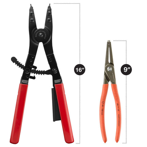 Heavy Duty Workhorse 16 Inch Snap Ring Pliers Set, 2 Piece, Internal and External Pliers with plastic handles shown.