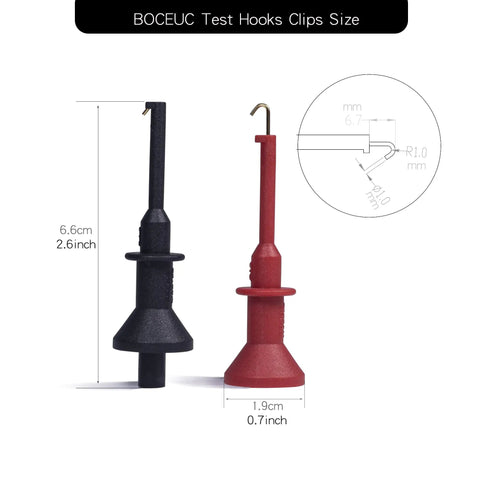 2mm Plug Test Hook Clips Set For Multimeter Probes, Durable Nickel Plated Brass Mini Test Lead Kit, Safe 600V CAT II, Size Diagram