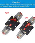 100A Auto Audio Inline Circuit Breaker With Manual Reset For 12V 24V DC Systems Protect Car Stereo And Marine Boat Audio From Overload And Short Circuit Ideal For Amps And Power Inverters, black inline breaker shown off and on