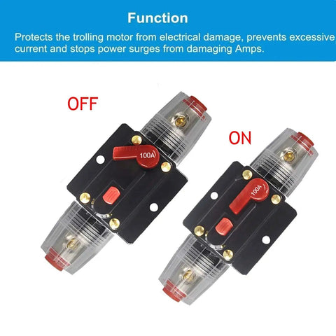 100A Auto Audio Inline Circuit Breaker With Manual Reset For 12V 24V DC Systems Protect Car Stereo And Marine Boat Audio From Overload And Short Circuit Ideal For Amps And Power Inverters, black inline breaker shown off and on