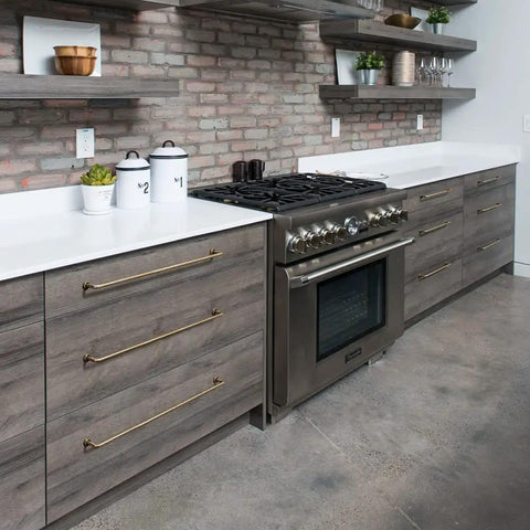 Image of a kitchen featuring 6 Pack Sweet Vintage Vibes Antique Brass Cabinet Bar Pulls with 12 5/8 Inch Center to Center Spacing.