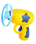 Rad Flying Saucer Toy With Rotating Flash Light Indoor Outdoor Twist Launch Disc Playset, yellow launcher with blue disc