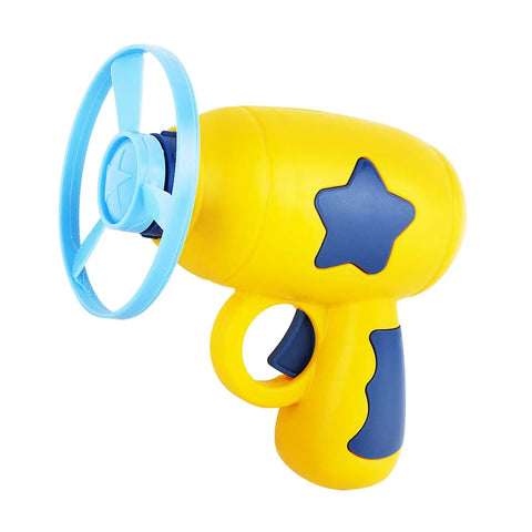 Rad Flying Saucer Toy With Rotating Flash Light Indoor Outdoor Twist Launch Disc Playset, yellow launcher with blue disc